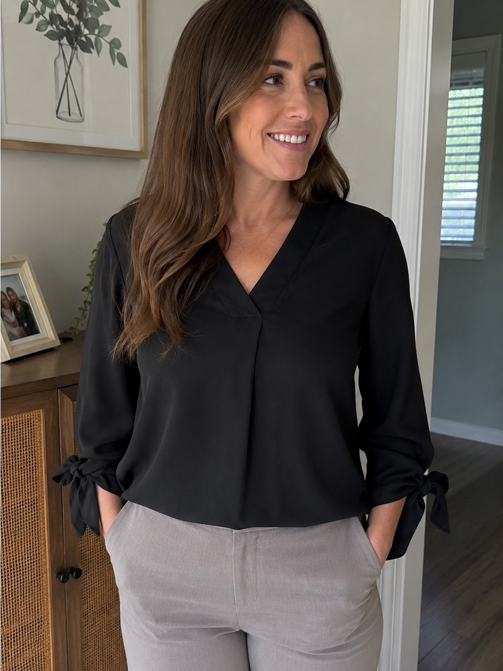 Lush Black V-Neck Tie-Cuff Blouse